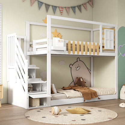 Wit Stapelbed – Kinderbed – Hoogslaper – Bovenbed – Stapelbed Met Veiligheidsnet – Drie-Delige Opbergladder – Ruimtebesparend Twin/Full Bed – Stevige Ladder Met Bescherming