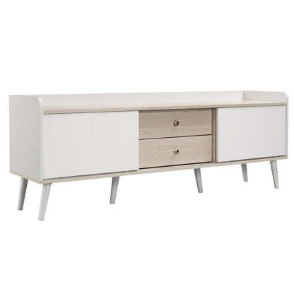 Modern TV Stand with Two Drawers & Sliding Doors - White & Natural Wood Finish, 147.32cm H x 101.6cm W, 2-Drawer Storage, Compact Design for Living Room or Bedroom, Bedroom Tv Desk | Minimalist Tv Stand | Metal Frame, TV Tabl