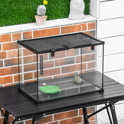 Terrarium – Reptiel Terrarium – Glas Terrarium – Reptielenkooi – Faunarium – Transparant Glas – Met Metalen Gaas – Inclusief Waterdistributeur en Thermometer – 50x30x35 cm