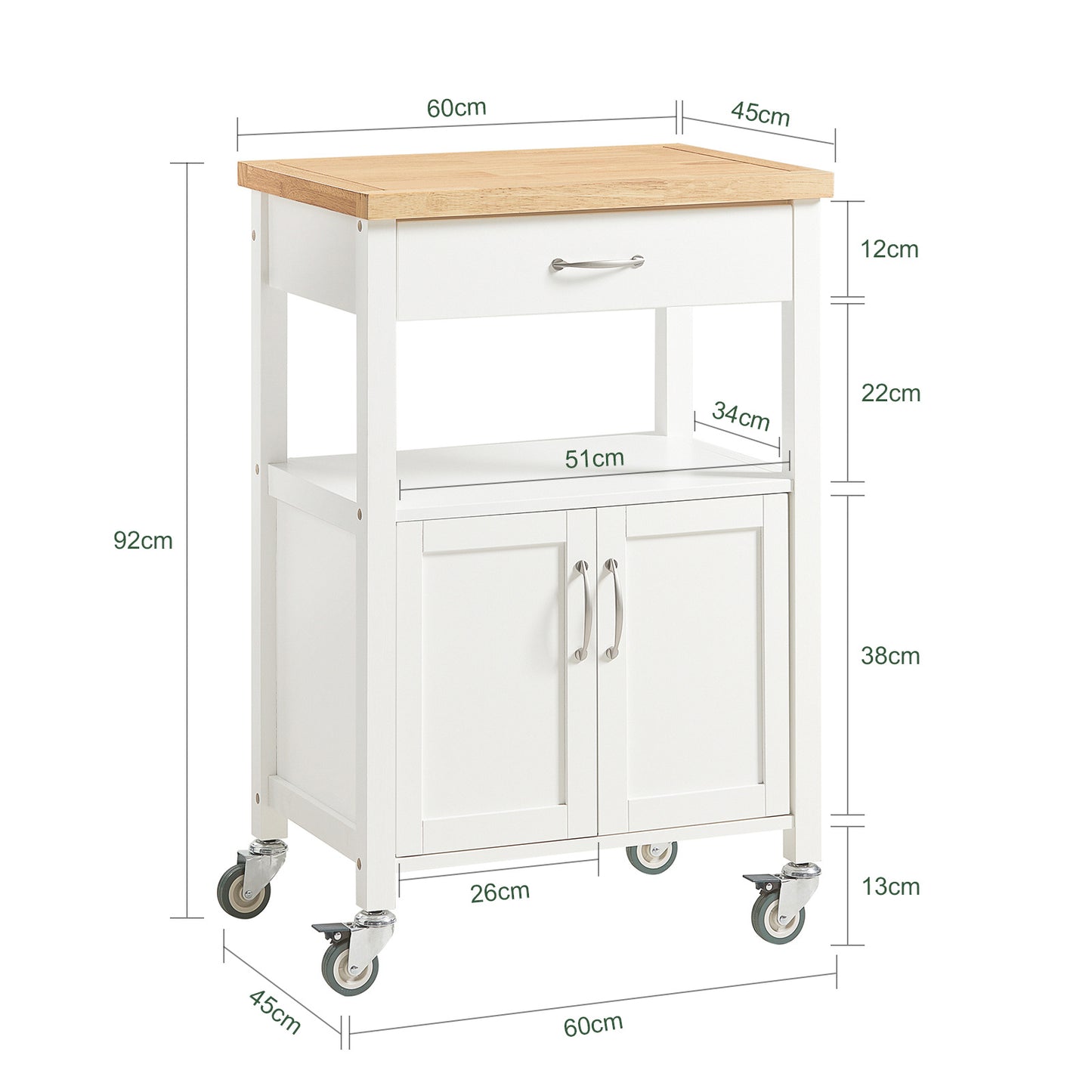 Keukentrolley – Keukenwagen – Serveerwagen – Opbergtrolley – Mobiele Keukenkast – Compact 60x92x45 cm – Rubberwood Werkblad – 4 Wielen met Rem
