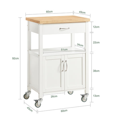 Keukentrolley – Keukenwagen – Serveerwagen – Opbergtrolley – Mobiele Keukenkast – Compact 60x92x45 cm – Rubberwood Werkblad – 4 Wielen met Rem