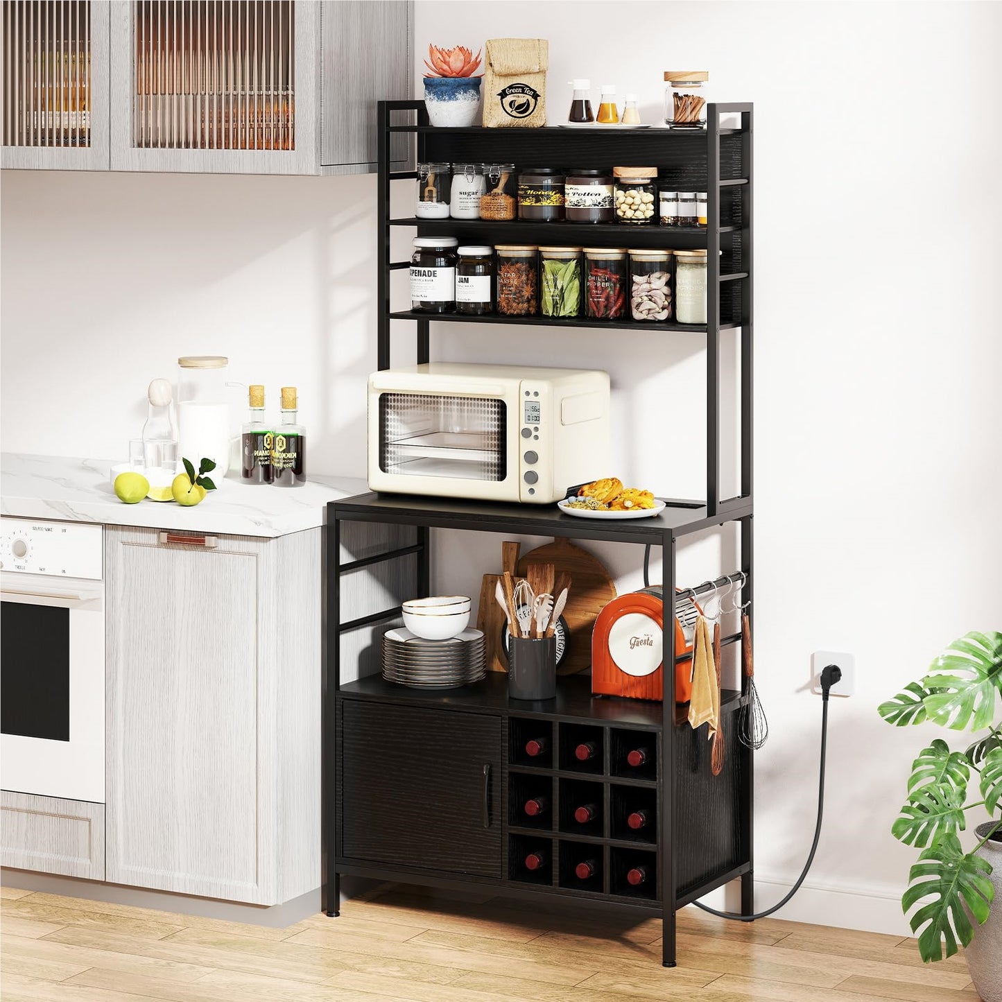 Keukenkast – Keukenrek – Wijnrek – Opbergkast – Baker’s Shelf – Ingebouwd Stopcontact & USB – Metalen Frame 80x40x170 cm Zwart