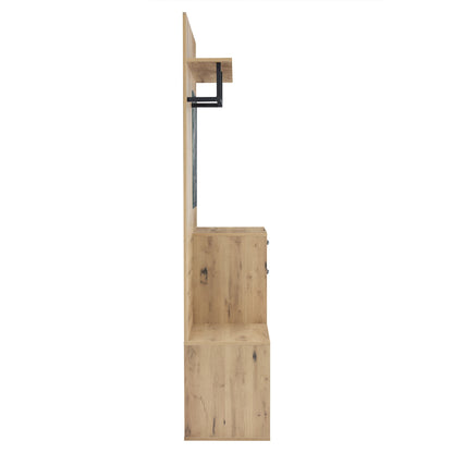 Halmeubel – Kapstok – Schoenenkast – Zitbank – Spiegel – Wit Met Houtlook – Compact Ontwerp 100x38,5x190 cm – Multifunctioneel Met Lade En Opslagruimte