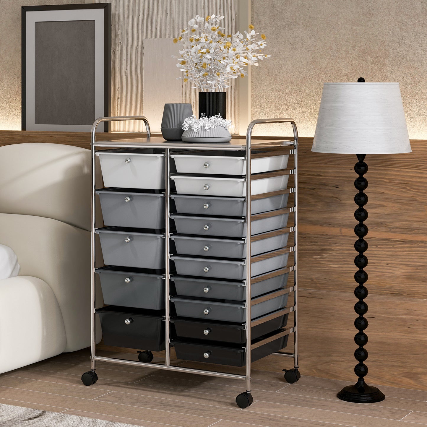 15-laden Opberwagen – Rollende Gereedschapswagen – Opbergtrolley – Organizer – Utility Cart – 15 Verwijderbare Laden – Vergrendelbare Zwenkwielen – Zwart Metalen Frame
