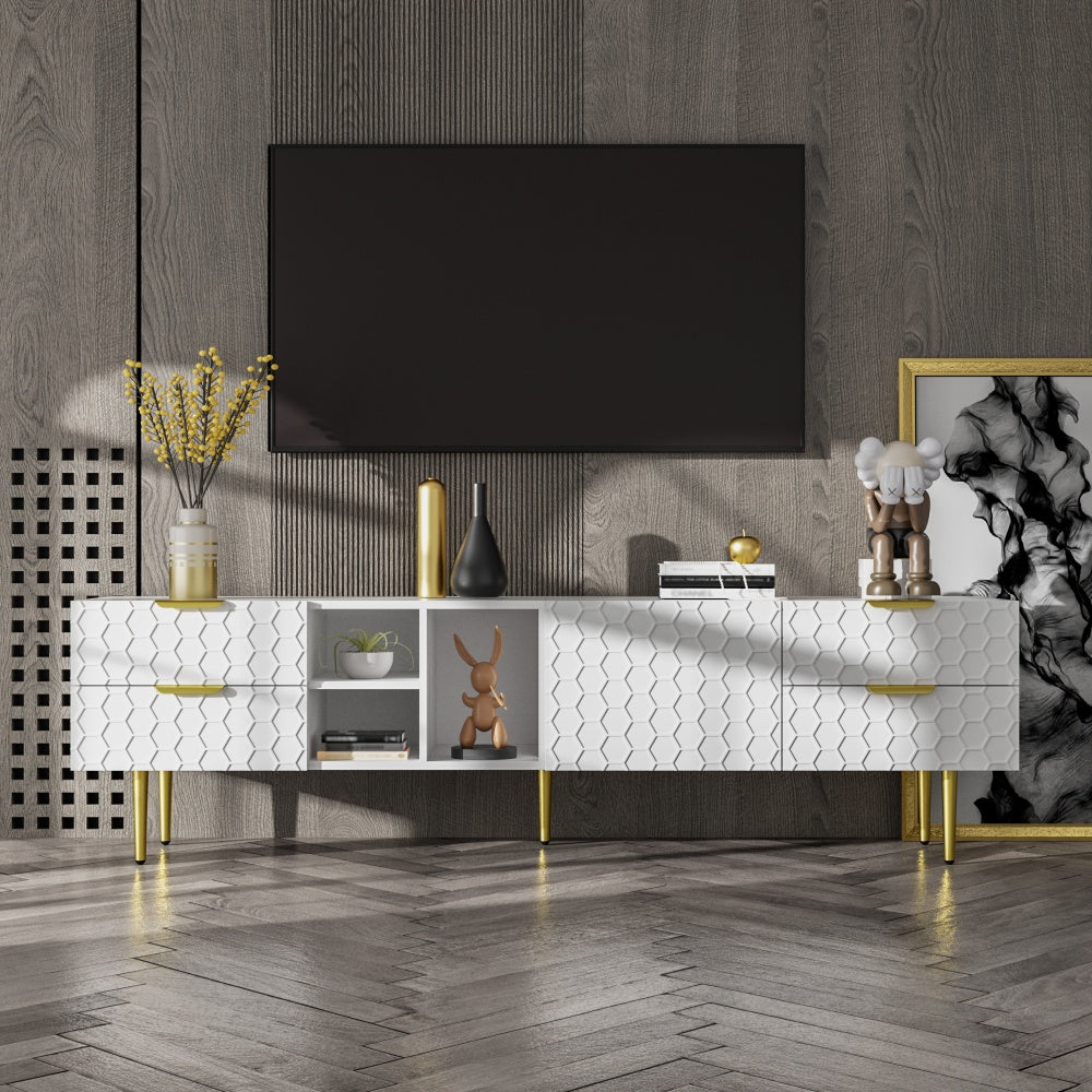 Tv-meubel – Tv-kast – Media Meubel – Entertainment unit – Woonkamermöbel – Wit met Gouden Accenten – Duurzaam Niet-houten Materiaal – Laag Profiel met Veel Opbergruimte