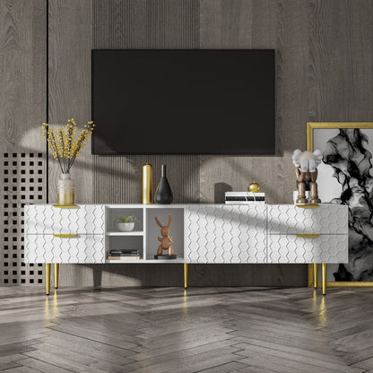 Tv-meubel – Tv-kast – Media Meubel – Entertainment unit – Woonkamermöbel – Wit met Gouden Accenten – Duurzaam Niet-houten Materiaal – Laag Profiel met Veel Opbergruimte