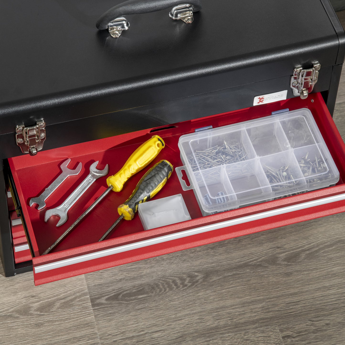 Metal Gereedschapskist – Toolbox – Opbergbox – Werkplaatskist – Toolbox Met Lade – Zwart Stalen Materiaal – 4 Laden + Bovenschaal – Compact 51x22x39,5 cm