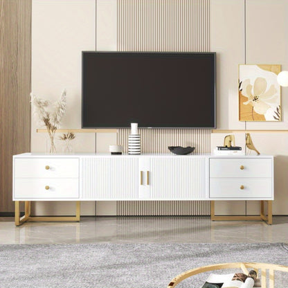 Low TV Cabinet with Structured Door TV Furniture with Drawers Golden Handles and Golden Feet