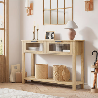 109.22cm Modern Narrow Console Table with Glass Doors & 2-Tier Storage - Space-Saving Hardwood MDF Construction, Wood Finish Entryway Sofa Table with Lower Shelf & Upper Display Area for Living Room, Hallway, Bedroom - Easy A