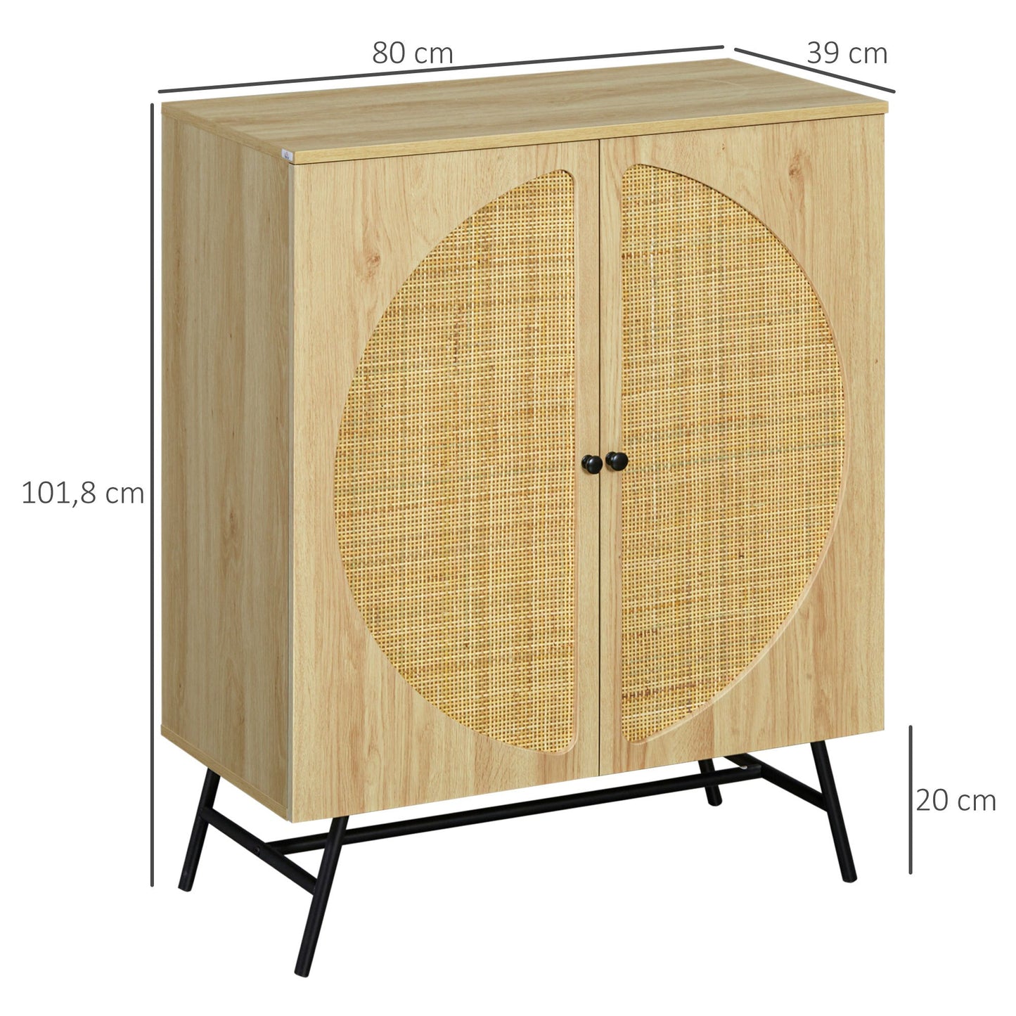 HOMCOM Storage Cabinet Buffet High Wooden And Wicker Design 2 Doors - 80 X 39 X 101.8 Cm Natural