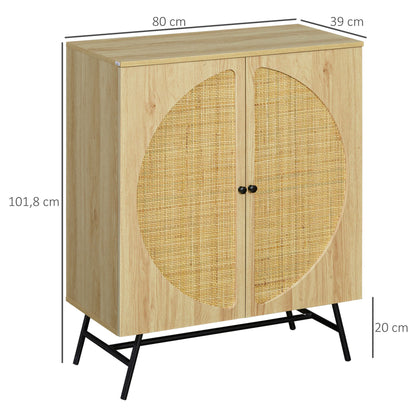 HOMCOM Storage Cabinet Buffet High Wooden And Wicker Design 2 Doors - 80 X 39 X 101.8 Cm Natural