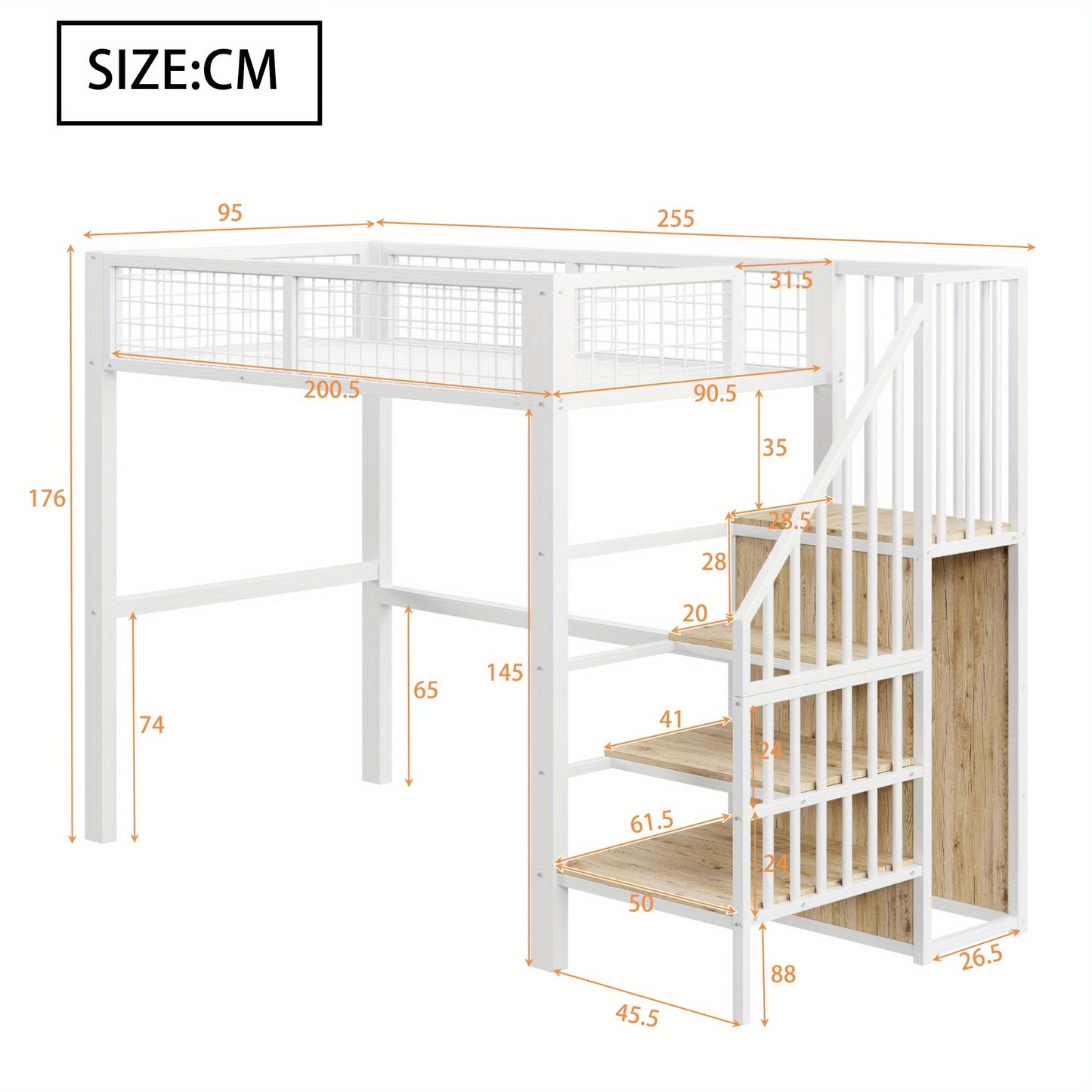90*200 Loft Bed With Ladder With Iron And Storage Shelves
