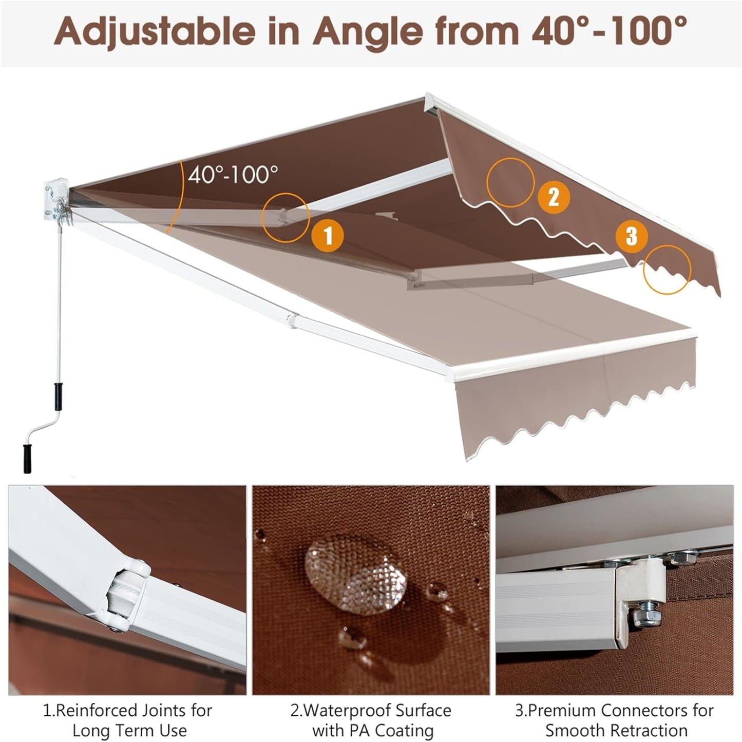 Uitschuifbare Zonwering – Zonnescherm – Terrasluifel – Balkonluifel – Markies – Aluminium Frame – Verstelbare 40-100° Hoek – Waterdicht 250x200 cm – Handbediening