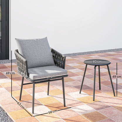 3-delig Tuinset – Balkonset – Bistroset – Terrasset – Loungeset – Kunstrotan – Stalen Frame – Metalen Tafelblad – Waterafstotende Kussens – Compact Design Grijs