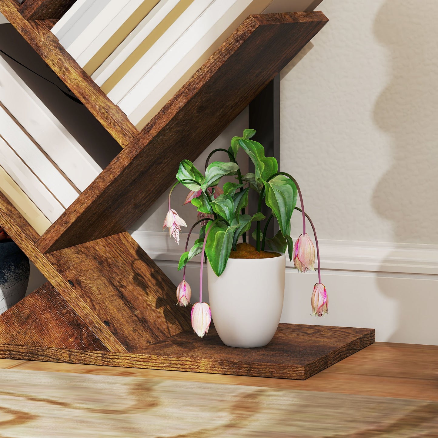 Boekenplank – Boekenkast – Wandplank – Opbergkast – Rek – Smal En Hoog – Boomvormig Design – Rustiek Bruin Hout