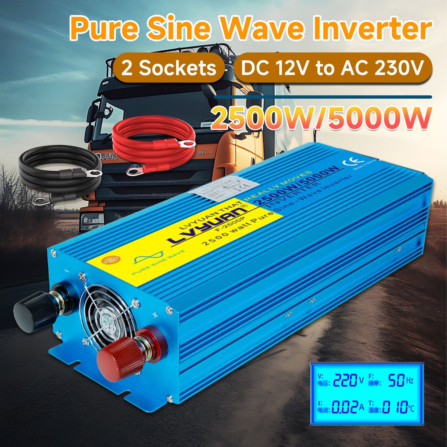 Spanningsomvormer – Omvormer – Inverter – Stroomomzetter – Converter – 12V naar 220V – Pure Sinusgolf – 2500W Continu Vermogen – 2 AC Stopcontacten met LCD Display