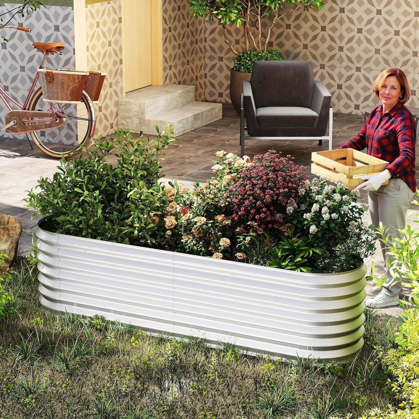 Verhoogde Plantenbak – Moestuinbak – Tuinbak – Kruidenbak – Bloembak – Ovaal 300x60x60 cm – Warmverzinkt Staal – Roestvrij Met Fijn Gaas