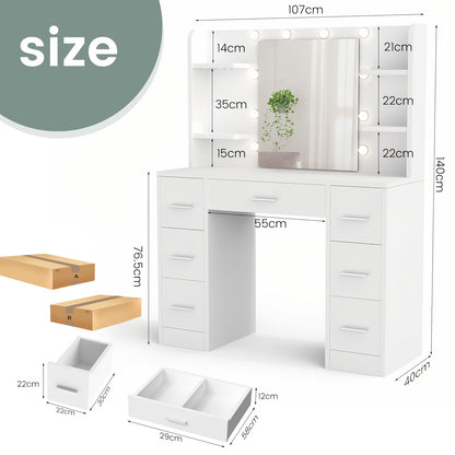Make-up Tafel – Kaptafel – Schminktisch – Visagie Tafel – Vanity Desk – LED-Verlichting Met 10 Lampjes – Verstelbare Lichtintensiteit – Ruime Opbergruimte – Wit