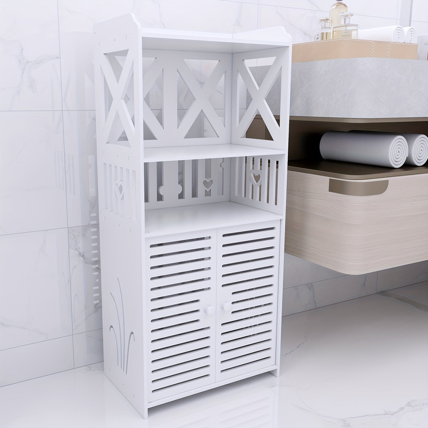 Badkamerkast – Opbergkast – Kolomkast – Badkamermeubel – Wastafelonderkast – Ruimtebesparend 40x25x90 cm – Waterbestendig PVC Met Decoratieve Uitsparingen