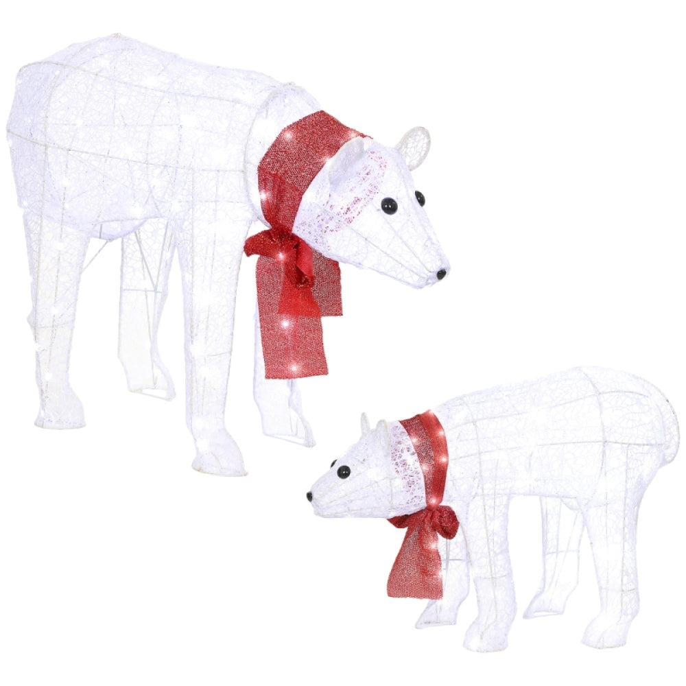 Kerstfiguur Polarbeer – IJsbeer Decoratie – Winterfiguur – Kerstdecor – Duo Set – LED Verlichting – Timerfunctie – Weerbestendig – Batterij Operatie – Zelfstaand – Met Rode Strik