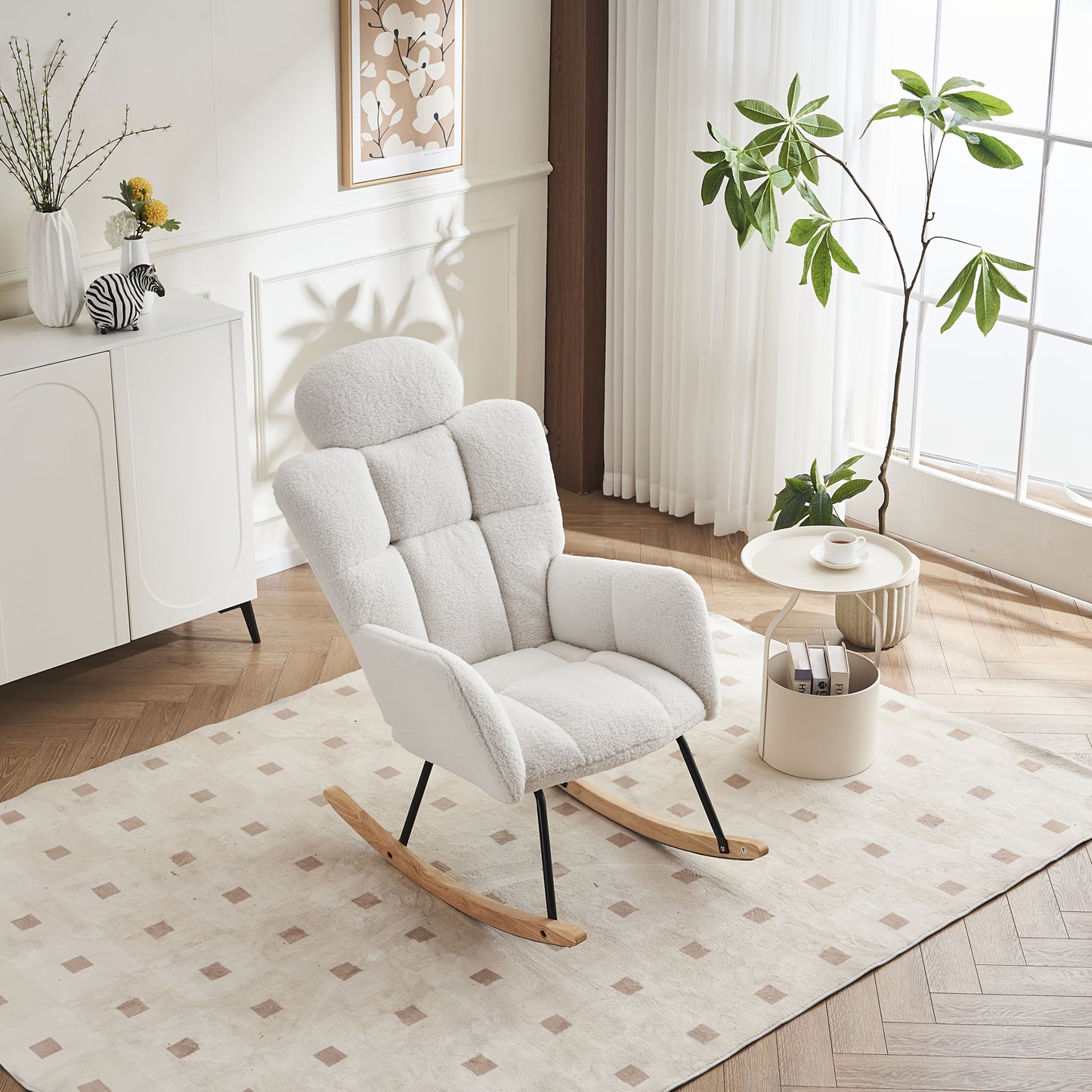 Draaifauteuil – Fauteuil – Relaxstoel – Schommelstoel – Lounge Chair – Wit – Zachte Teddy Bekleding – Massief Houten Frame