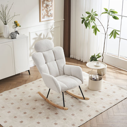 Draaifauteuil – Fauteuil – Relaxstoel – Schommelstoel – Lounge Chair – Wit – Zachte Teddy Bekleding – Massief Houten Frame