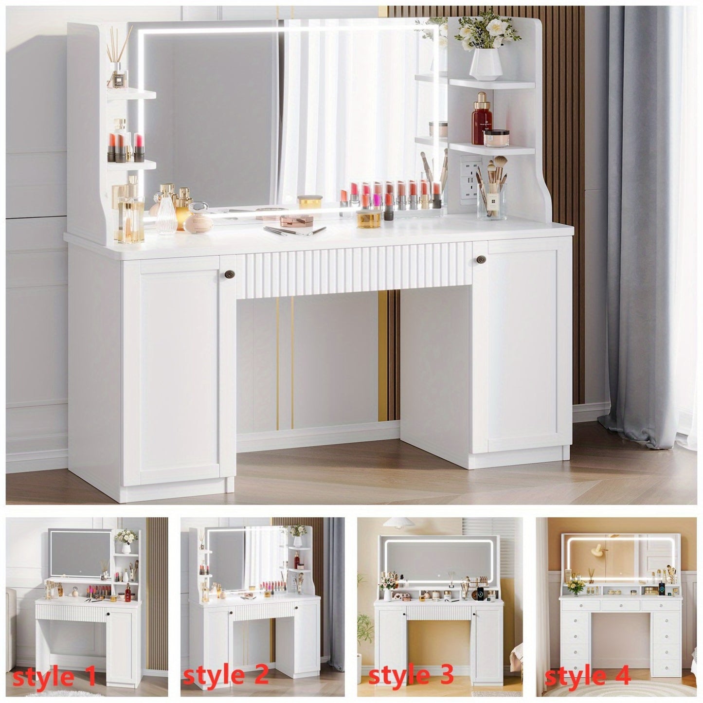 Make-up tafel – Kaptafel – Cosmeticatafel – Make-up bureau – Dressing table – Duurzaam hardhout en glas – Ruime opbergruimte met lades en verstelbare planken