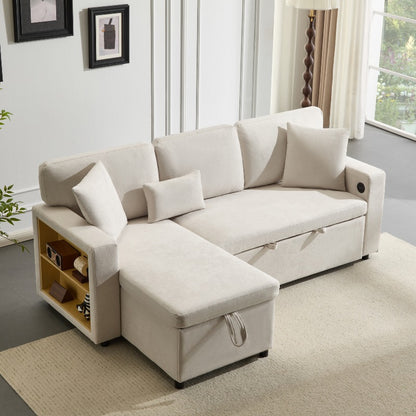 Hoekbank Bedbank – L-vormige Slaapbank – U-bank – Sofa Met Opberglade – Beige Stof – Moderne Woonkamer – Met Opbergruimte – Pull-out Slaapfunctie