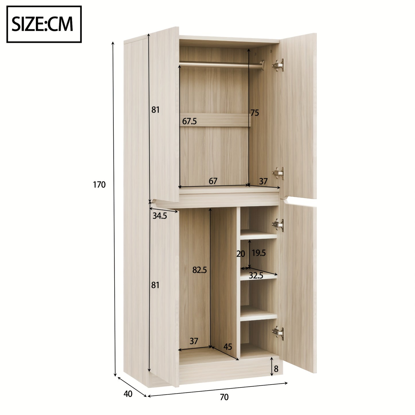 Opbergkast voor in de hal – Halmeubel – Entreekast – Kast met vakken – Modern halmeubel – Wit – Bamboe materiaal – 70 x 40 x 170 cm – Dubbele deuren met kleine compartimenten