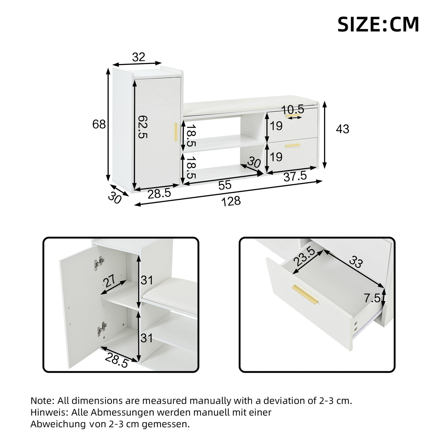 BTM Shoe Cabinet 128×30×68 Cm, in White with Shoe Bench, 2 Drawers & 1 Closet, Open 2-Tier Shoe Rack with Upholstered Seat Bench, Storage Furniture for Hallway, Living Room Or Office