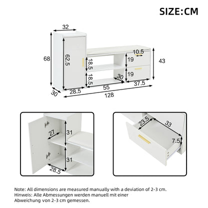 BTM Shoe Cabinet 128×30×68 Cm, in White with Shoe Bench, 2 Drawers & 1 Closet, Open 2-Tier Shoe Rack with Upholstered Seat Bench, Storage Furniture for Hallway, Living Room Or Office