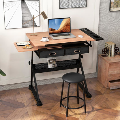 Tekentafel – Tekenbord – Tekentafel Met Kruk – Werktafel – Tekentafel Verstelbaar – Verstelbare Hoogte – Kantelbaar Tafelblad – Met Opberglades
