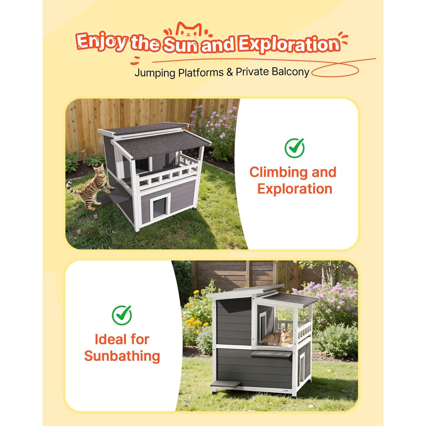 Kattenhuis – Buitenhuis Kattenhok – Kattenverblijf – Kattenhuisje – 2-Verdiepingen Houten Kattenhuis – Geïsoleerd Met Schuim – Weerbestendig En Ruim Voor 1-3 Katten