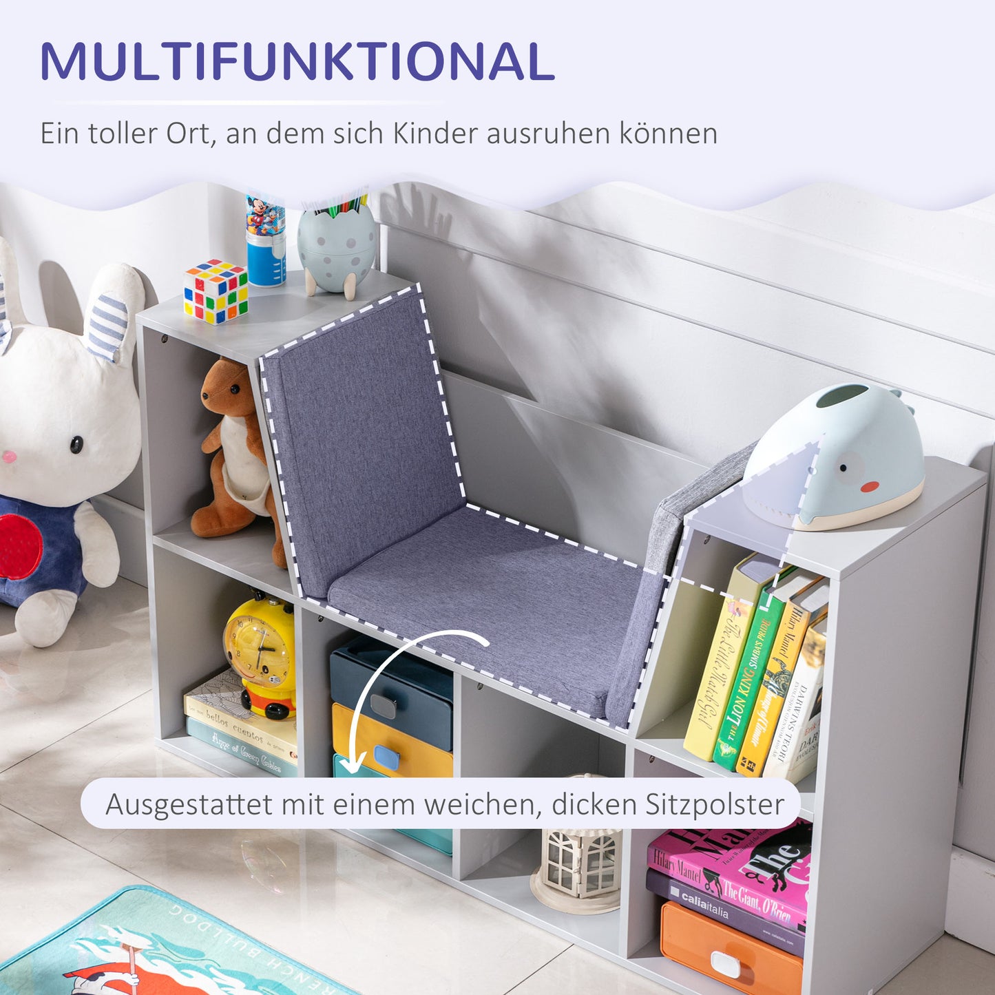 Kinderplank – Opbergrek – Zitbank – Opbergmeubel – Kinderzitje – 2-in-1 Kinderplank Grijs – Ruime Opbergruimte – Comfortabele Bekleding