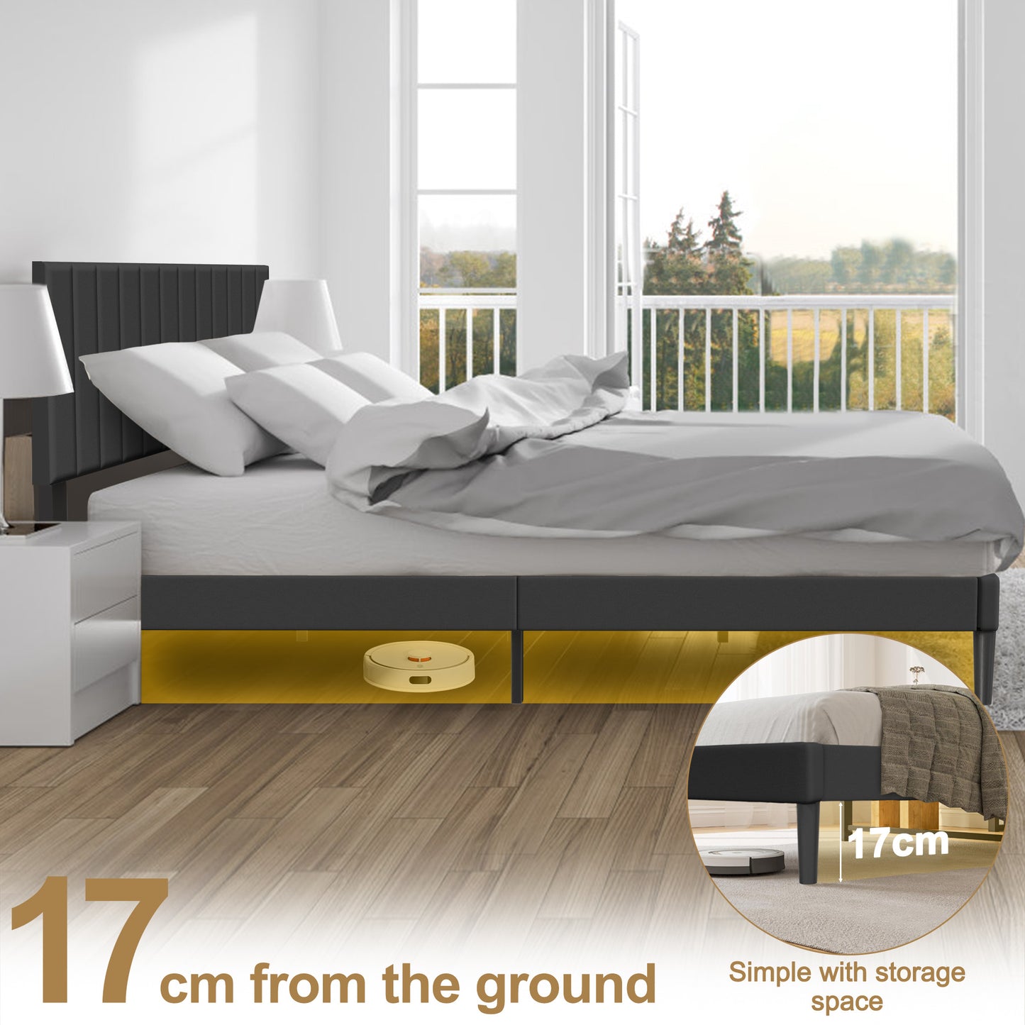 Upholstered Bed – Gestoffeerd Bed – Bedframe – Platformbed – Tweepersoonsbed – Zwart Fluweel – 140x200 cm – Met Knopen Hoofdbord – Houten Lattenbodem