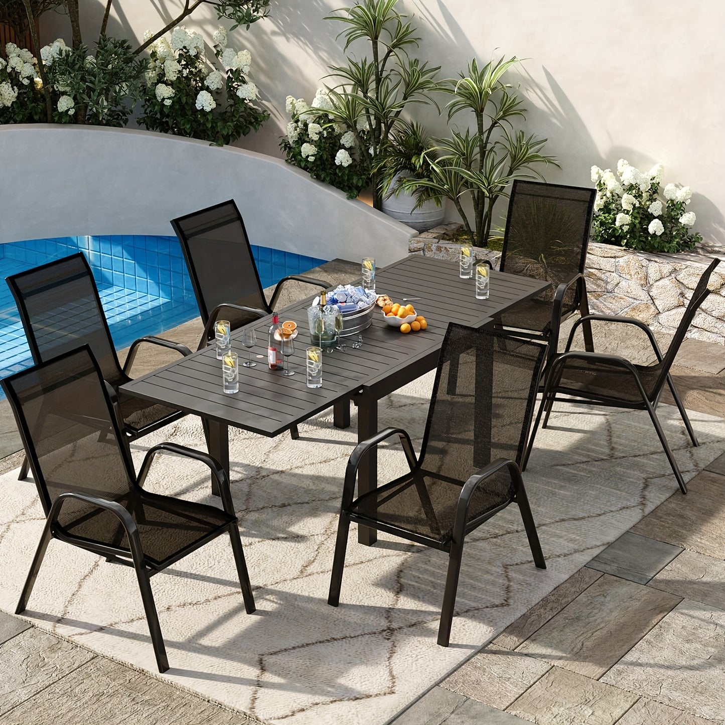 Tuinstoelen – Stapelbare Tuinstoelen – Balkonstoelen – Eettafelstoelen – Terrasstoelen – Set van 4 – Stevig Metalen Frame – Ergonomische Hoge Rugleuning
