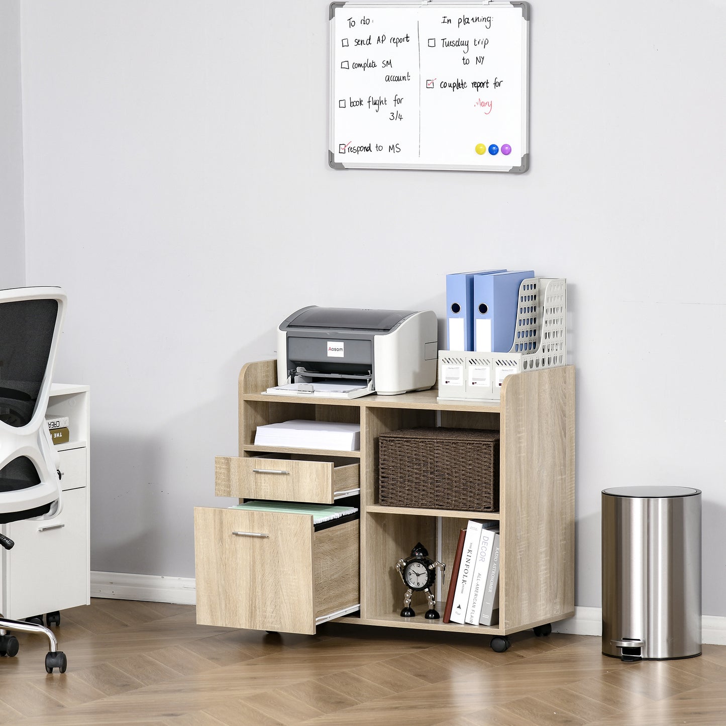 Rolwagen – Printerstandaard – Office Organizer – Mobiele Opberger – Bureauwagen – Licht Eikenhout – Verstelbare Plank – 80x40x72 cm