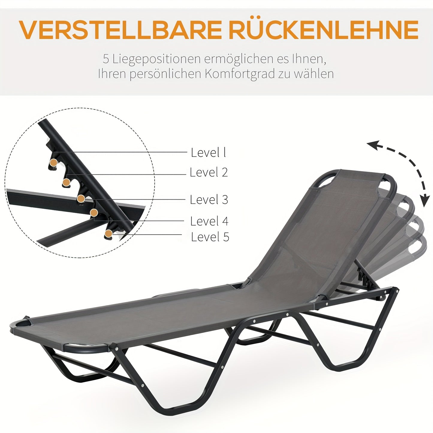 Vouwstoel – Ligstoel – Tuinstoel – Strandstoel – Buitenstoel – Aluminium Frame – 5 Verstelbare Secties – Grijs Zwart – 163x58,5x91 cm