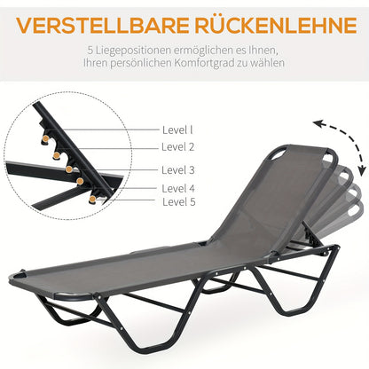 Vouwstoel – Ligstoel – Tuinstoel – Strandstoel – Buitenstoel – Aluminium Frame – 5 Verstelbare Secties – Grijs Zwart – 163x58,5x91 cm