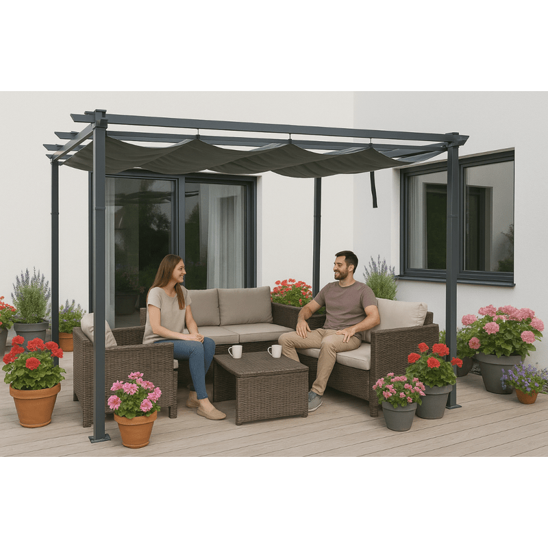 Prieel – Tuinpaviljoen – Overkapping – Partytent – Pergola – Uitschuifbaar Waterafstotend Dak – Stalen Frame 3x4m Antraciet