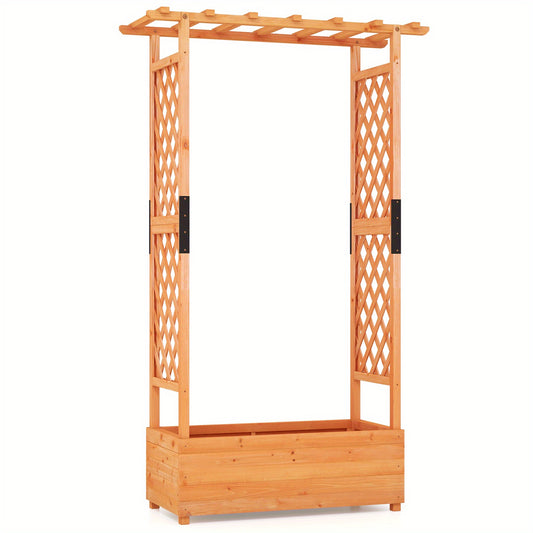 Hoogbed tuin – Verhoogde plantenbak – Tuinbak – Klimplant rek – Bloemenbak – Houten hoogbed oranje – Met boogtrellis en afwateringsgaten – 110x44x182 cm duurzaam dennenhout