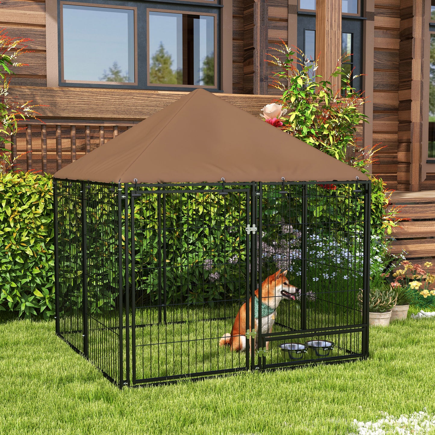 Hondenhok – Hondenren – Hondenkooi – Buitenhok – Hondenbench – Roestvrij Stalen Frame – Waterdicht Oxford Dak – 141x141x151 cm – Zwart