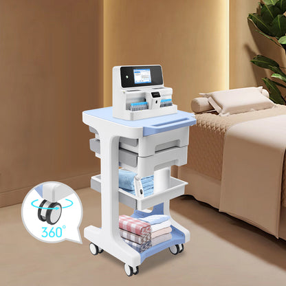 Beauty trolley – Make-upkoffer – Opbergtrolley – Kosmetiekoffer – Schoonheidstrolley – 3 lagen met 2 laden – Duurzaam ABS kunststof, 50 kg draagvermogen – Blauw/wit met remmende zwenkwielen
