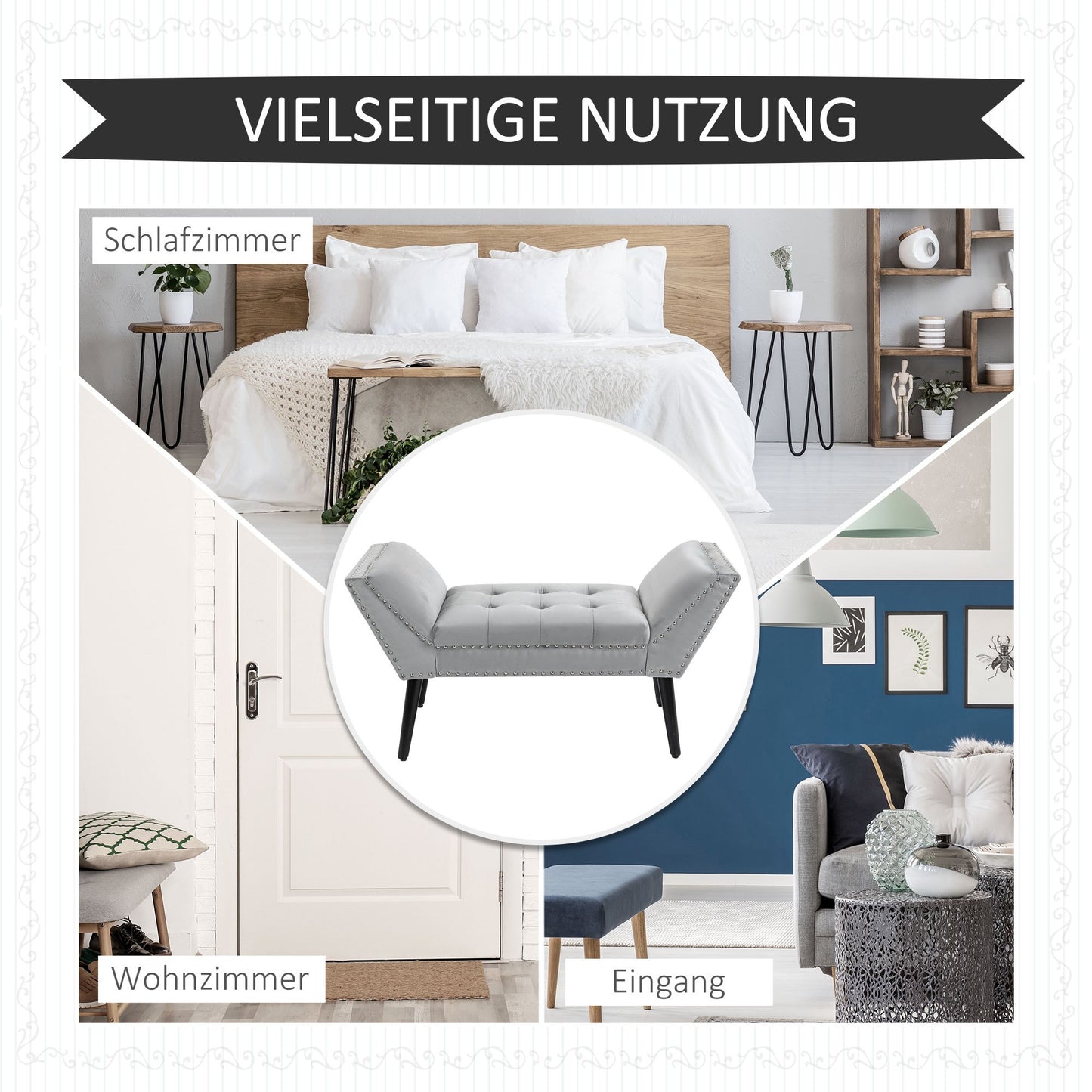 Gestoffeerde Bank – Zitbank – Bench – Slaapkamerbank – Halbank – Lichtgrijs Fluweel – Hoogwaardige Schuimzitting – Stevig Rubberhout Frame
