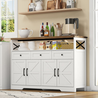 Buffet Sideboard with Storage Space | Coffee Bar with 3 Drawers, Rustic-Style Shelving Unit with Doors, Cabinet with Shelves | Suitable for Kitchen, Living Room, Hallway | Rustic Style in White/Brown
