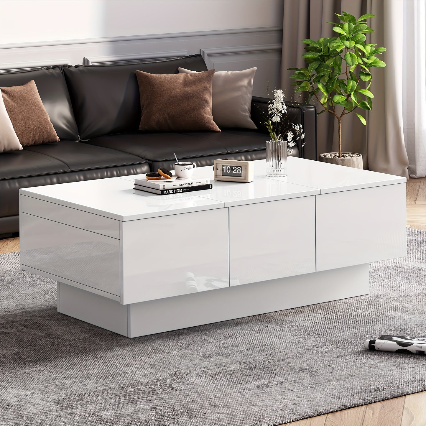Salontafel – Coffee Table – Woonkamertafel – Tafeltje – Tafel met Opbergruimte – Wit Met Schuiffunctie – 2 Verborgen Vakken & 2 Lades – 100x55x35 cm – Modern Design