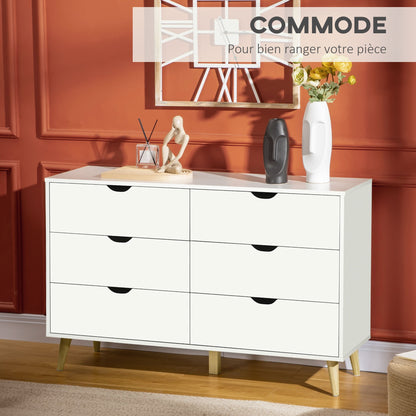 Commode – Ladekast – Opbergkast – Dressoir – Kast – 6 Lades – Scandinavisch Design – Wit Met Houten Poten – 120x40x76 cm – Stevig & Ruim