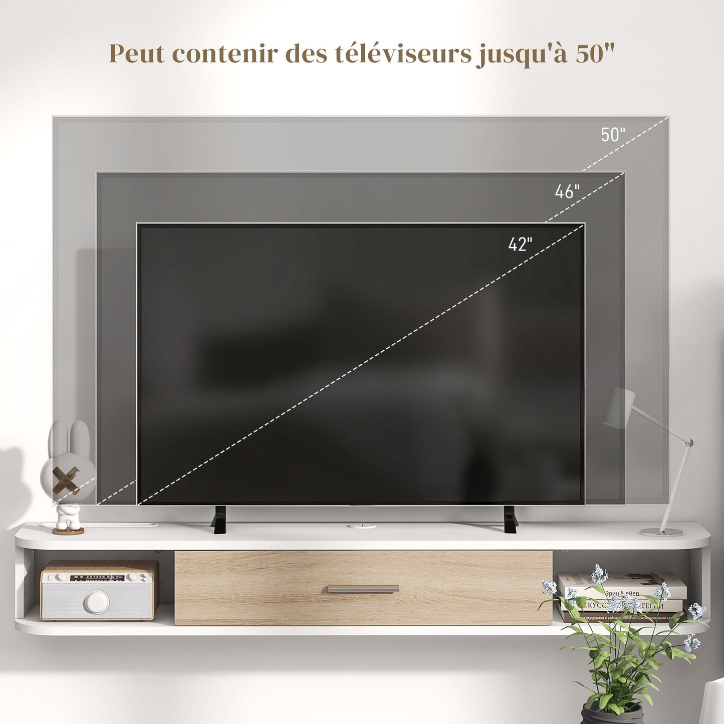 TV Meubel Wandmontage – TV Plank – Wandrek – TV Kast – Opbergmeubel – Wit – Voor TV Tot 50 Inch – Melamine Spaanplaat – Kabeldoorvoer