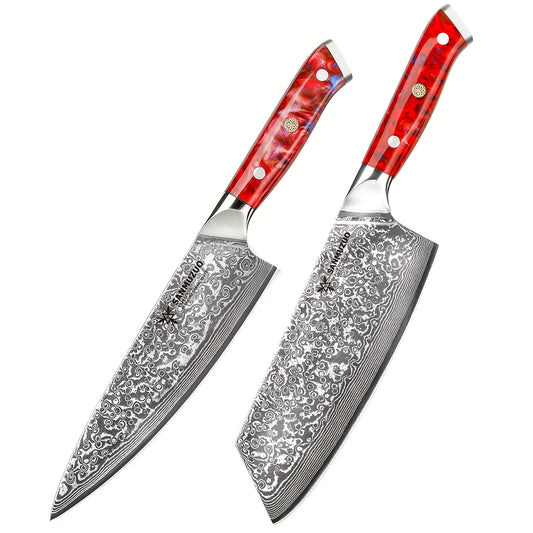 Nakiri mes – Groentemes – Koksmes – Japans mes – Hakmes – VG10 Damascus staal – Resin handvat – Set van 2