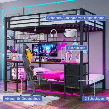 Hoogslaper – Stapelbed – Bedframe Met Bureau – Opbergruimte Bed – Metal Loft Bed – Zwart 90x200 / 140x200 – Ruimtebesparend Ontwerp – Duurzaam Metalen Frame